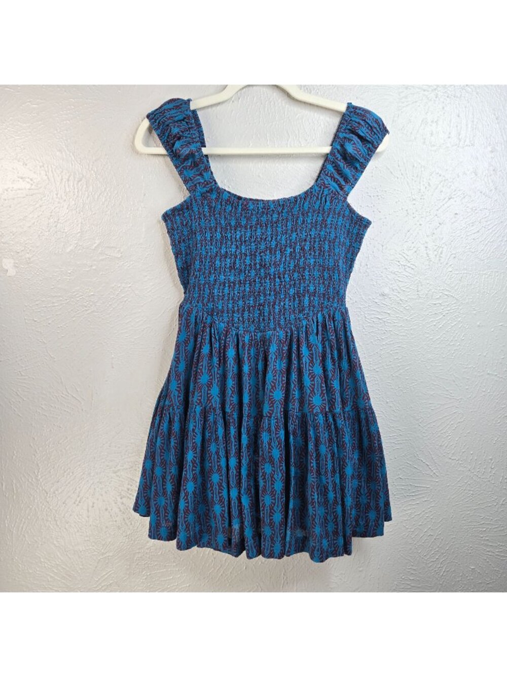 Free People Smocked Mini Dress Blue Printed Sleeveless Flowy Summer Size XS